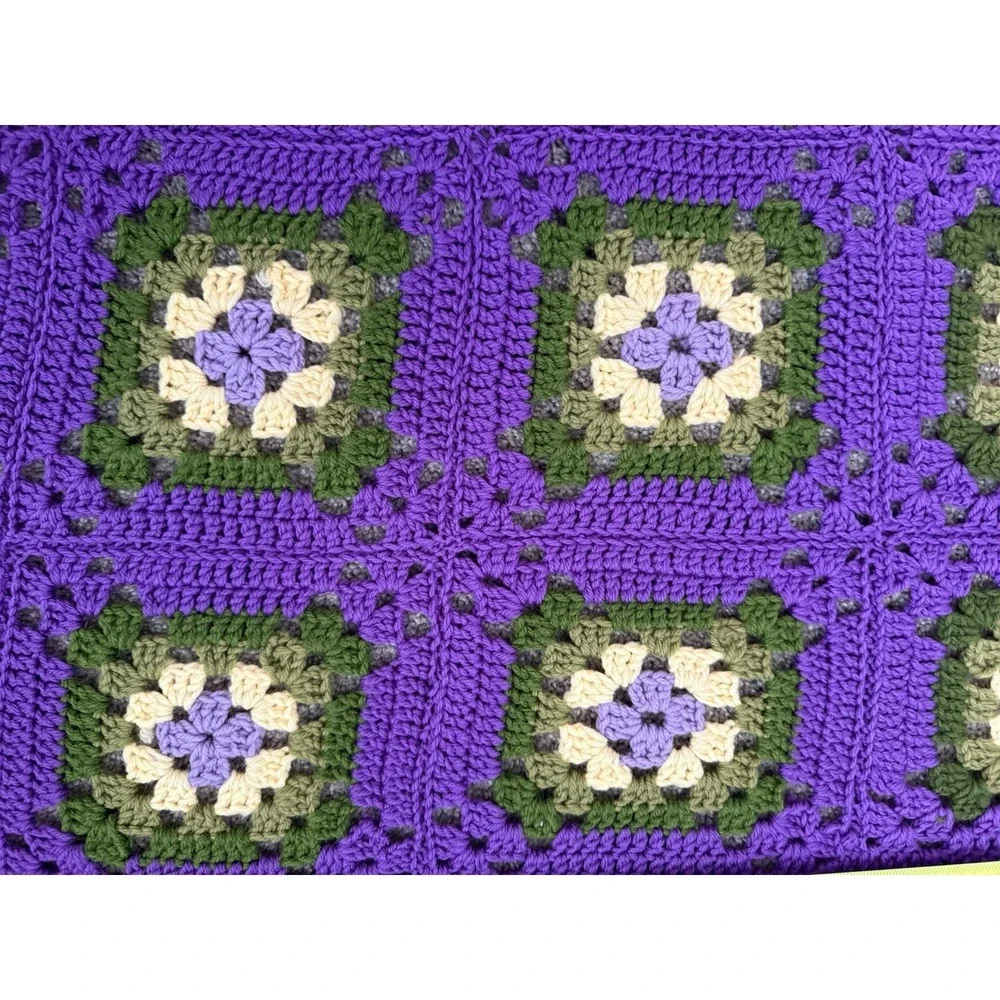 Groovy Granny Square Handmade Crocheted Afghan Throw Blanket 48x70 Purple Green